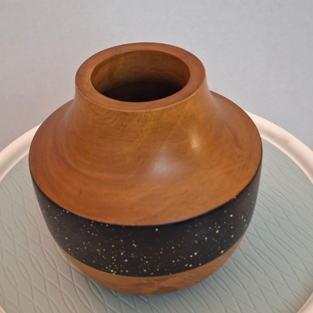 West Elm Turned Mango Wood Vase Brown Excellent Black Speckl Band Trim MCM Decor